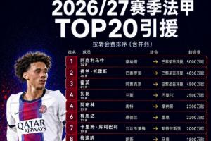 法甲夏窗TOP20：阿克利乌舍5000万欧成标王，费兰4850万欧第二