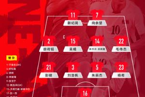 U23男足官方阵型：442，中场依木兰搭档吴曦，锋线向余望蒯纪闻
