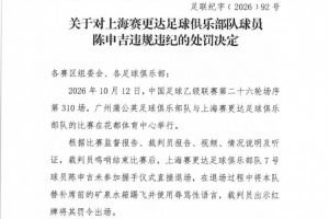 官方：陈申吉未参加握手仪式并用辱骂性语言，停赛2场罚款10000元